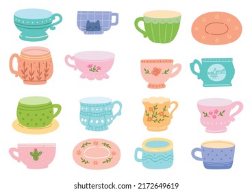 Vintage Pastel Color Tea Cup Doodles Vector Illustration