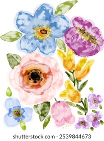 Vintage pastel flower watercolour hand drawn painting with isolated white background