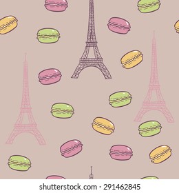 Vintage pastel pattern with macaroons and Eiffel Tower. 