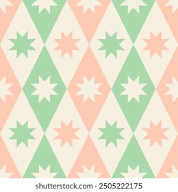 Vintage pastel pink and kitschy 1950s and mint green geometric stars in diamonds