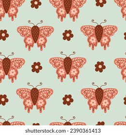 Vintage pastel seamless pattern with butterfly and chamomile. Modern hand drawn pastel colored endless background with moth and daisy flower. Elegant print. Vector illustration