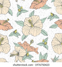 Vintage pastel seamless pattern with line art white and pink hibiscus flowers, buds and leaves, with gray outline. On white textured background. Stock vector illustration.