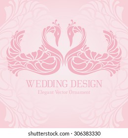 Vintage pastel template with  decorative frame and elegant swans (two pale pink birds bending their necks in a form of heart). Ornate vector design for wedding design, invitation, greeting card