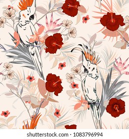 Vintage pastel Tropical floral print. Parrot bird in the jungle and flowers in the summer exotic forest  allover design, seamless pattern vector for fashion ,wallpaoer and all prints on light beige