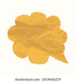 Vintage pastel yellow speech bubble made of crumpled paper, isolated template for banner on white background. Notebook sheet with gritty texture halftone effect and torn rough edges.