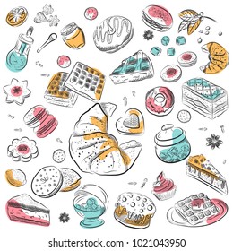 Vintage pastry, desserts and cakes vector sketches. Pie and muffin cupcake, berry tart and pudding. Patisserie chocolate brownie, donut and cheesecake biscuit for bakery shop or ice cream cafeteria