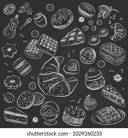 Vintage pastry, desserts and cakes vector sketches on blackboard. Pie and muffin cupcake, berry tart and pudding. Patisserie chocolate brownie, donut and cheesecake biscuit for bakery shop 