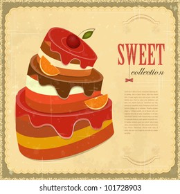 Vintage pastry Menu - Big Chocolate Fruit Cake with oranges and cherries - Retro background with place for text - vector illustration