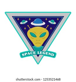 Vintage patch icon sticker pin with heat of green alien Martian and big planet and UFO space legend. clothes print t shirt sweatshirt poster mascot logo illustration cartoon character design.