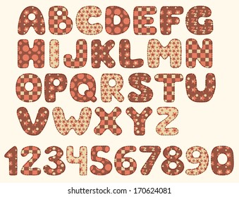 Vintage patchwork alphabet. Vector quilt illustration.