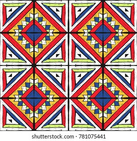Vintage patchwork fabric. Tribal vector ornament. Seamless African folk square pattern. Antique tiles.  Geometric mosaic, majolica. Ethnic carpet. Aztec style. Ancient interior. Geo print on textile.