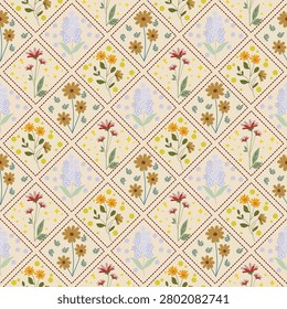 Vintage patchwork floral seamless pattern with colorful geometric diamond grid vector background.