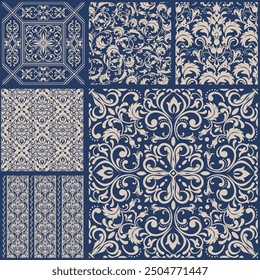 Vintage patchwork from seamless damask tiles. Collection patterns in Eastern style.Vintage grunge fabric decor. Seamless carpet. Original traditional Portuguese and Spain decor. Vector illustration