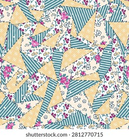 Vintage Patchwork Seamless Pattern with Floral Quilt Pieces and Striped Fabric