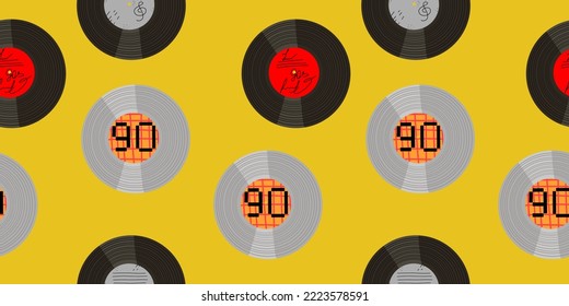 Vintage pattern with 90s, 80s vinyl records. Disco background. Vector illustration in flat style