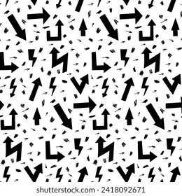 Vintage pattern in 90s style with black arrows on white background. Different type of direction signs, hand drawn arrows and scribbles. Good for social media graphics, background
