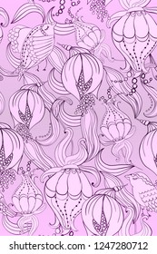 Vintage pattern abstract flowers and birds. Hand drawn line art. Cute fantastic textile surface background
