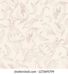 Vintage pattern abstract flowers and birds. Hand drawn line art. Cute fantastic textile surface background