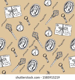 Vintage pattern. Angel, scissors, letters, key, watch, brooch with images of a girl. Vector hand drawn illustration.