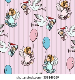 Vintage pattern with angels and storks in the birth of the baby. Hand drawing. Seamless pattern for fabric, paper and other printing and web projects.