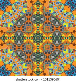 Vintage pattern with arabesques. Oriental vector seamless pattern with arabesques, mandala and floral elements. Traditional classic ornament in blue, orange and yellow colors.