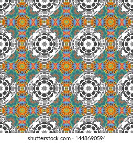 Vintage pattern with arabesques. Traditional classic ornament in yellow, gray and blue colors. Oriental vector seamless pattern with arabesques, mandala and floral elements.
