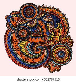 Vintage pattern based on traditional Asian elements Paisley. Yellow , orange, blue.