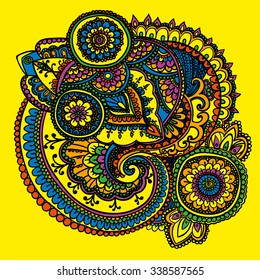 Vintage pattern based on traditional Asian elements Paisley. Yellow and blue .