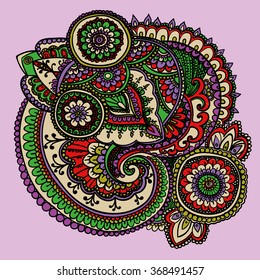 Vintage pattern based on traditional Asian elements Paisley. Bright green , purple, red .