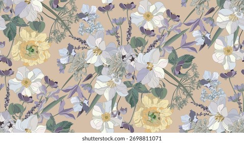Patrón de Antiguas con hermosas flores sobre un fondo crema, para la producción de telas, Fondo de pantalla, embalaje
