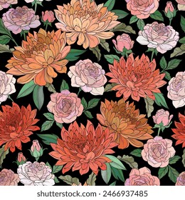 Vintage pattern with beautiful rose, chrysanthemum and leaves on black background. Vector illustration