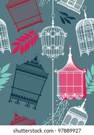 vintage pattern with birdcages and leaves