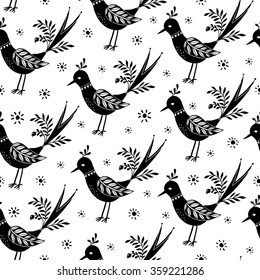 Vintage pattern with birds on a white background.  Black and White vector folk pattern.