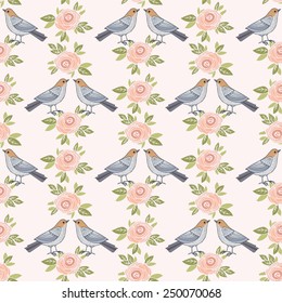 Vintage pattern with birds and roses.  Hand drawing pattern. Seamless pattern for fabric, paper and other printing and web projects.
