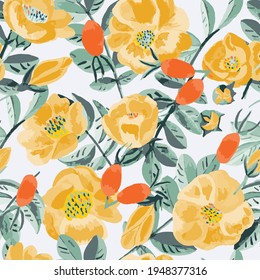 Vintage pattern with blooming rose hips and fruits. Watercolor look.