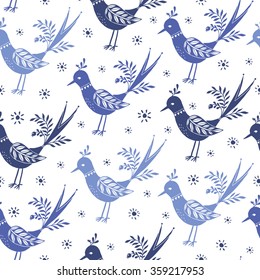 Vintage pattern with blue birds on a white background.  Seamless vector folk pattern. 