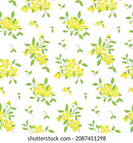 Vintage pattern with bouquets of small yellow flowers, green twigs with leaves on white background. Seamless pattern with small cute lemon flowers in bouquets with leaves. Floral cover vector design.