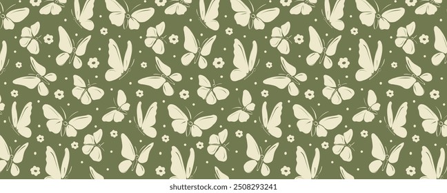 Patrón de Antiguas con mariposas, flores y puntos. Fondo de Vector sin fisuras en estilo retro. Fondo de pantalla de verano para postales, textiles y telas
