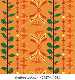 Vintage pattern with cherry twig and vintage colorful ornaments; colorful ornaments rows 