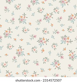 Vintage pattern and clusters of pink, orange and pale turquoise flowers on a light background.