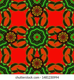 Vintage pattern. Colored over black, red and green. Decorative Indian Round Mandala on black, red, green colors. Christmas Card Mandala. Invitation Card. Islam, Arabic, Indian, Turkish, Pakistan.