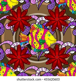 Vintage pattern with colorful fish on brown round gradient background with colorful floral elements.