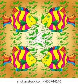 Vintage pattern with colorful fish on golden gradient background with floral elements.