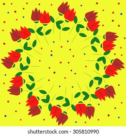 Vintage pattern with colourful flowers. Many different tulips colorful print. Flowers located on the circle. Flowers frame.