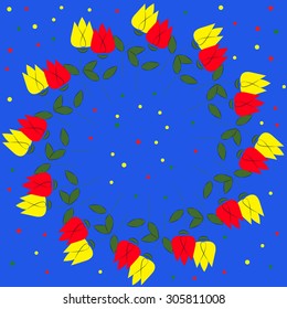 Vintage pattern with colourful flowers. Many different tulips colorful print. Flowers located on the circle. Flowers frame.