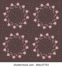 Vintage pattern with colourful flowers. Many different tulips colorful print. Flowers located on the circle. Flowers frame.