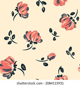 Vintage pattern with cute roses. Seamless pattern with small falling flowers in pink color. Spring print with small flowers and dark leaves on a light background. Floral cover vector design.