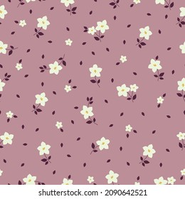 Vintage pattern. cute white flowers, burgundy leaves. dark pink background. Seamless vector template for design and fashion prints.