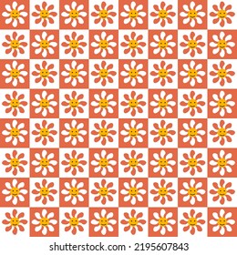 Vintage pattern with daisies and emoticons. Retro illustration in groovy and trippy style 1970. Vector drawing. For clothing, packaging, design and textiles, postcards and flyers.