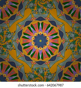 Vintage pattern. Decorative Indian Round Mandala on blue background. Islam, Arabic, Indian, Turkish, Pakistan. Christmas Card Mandala Design. Invitation Card, Scrapbooking. Colored over blue.